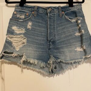 Abercrombie & Fitch Multi-Button Blue Jean Shorts Distressed Frayed Hem